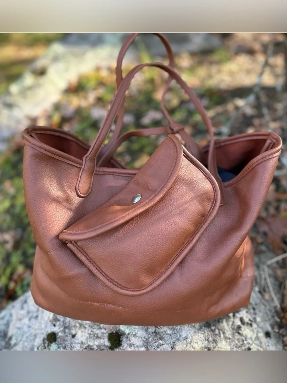 Brown Leather Tote Bag with Front Pocket